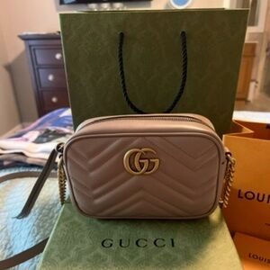 Gucci Taupe Quilted Crossbody Bag with Gold Accents